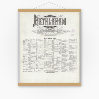 Old map wall art mockup — magnetic wood frame on white wall — Sanborn Fire Insurance Map from Bethlehem, Northampton And Lehigh Counties, Pennsylvania (1904), Sheet #0001