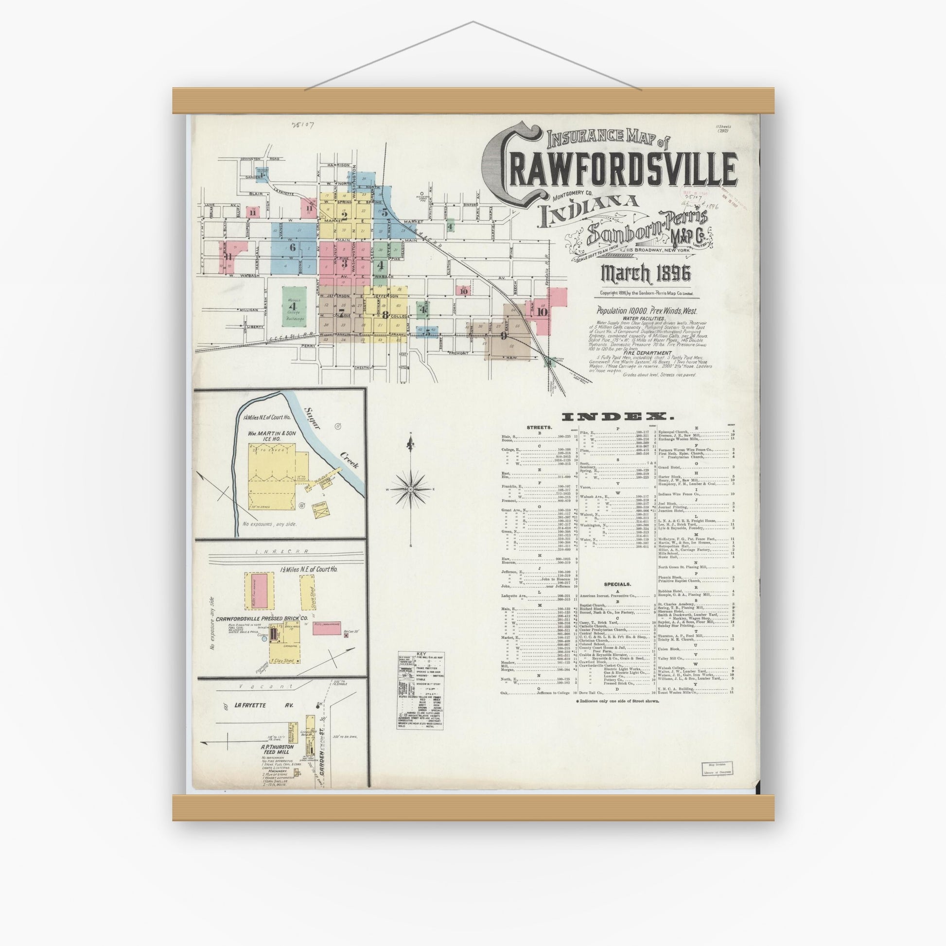 Old map wall art mockup — magnetic wood frame on white wall — Sanborn Fire Insurance Map from Crawfordsville, Montgomery County, Indiana (1896), Sheet #0001