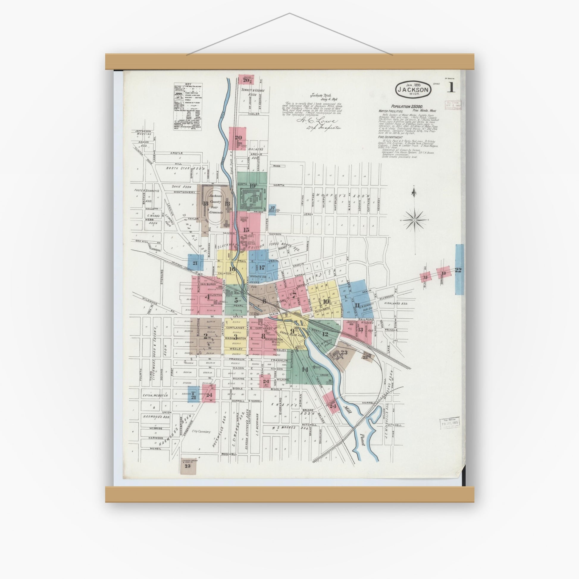 Old map wall art mockup — magnetic wood frame on white wall — Sanborn Fire Insurance Map from Jackson, Jackson County, Michigan (1893) - Complete Map Set