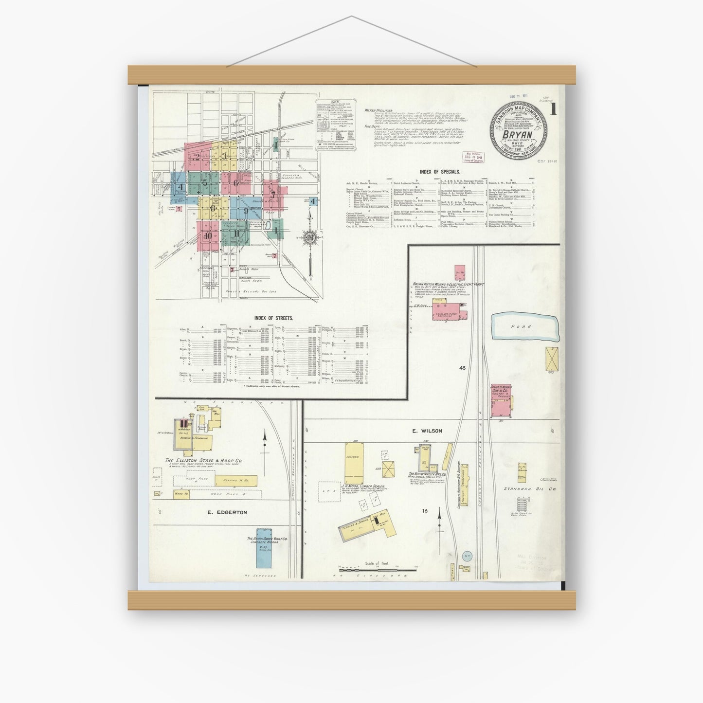 Old map wall art mockup — magnetic wood frame on white wall — Sanborn Fire Insurance Map from Bryan, Williams County, Ohio (1911) - Complete Map Set