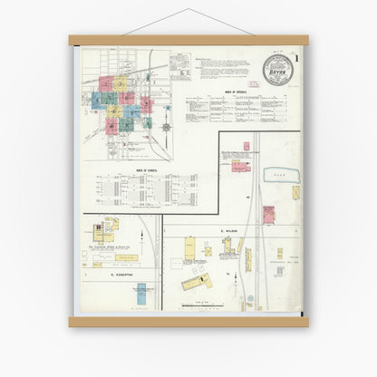 Old map wall art mockup — magnetic wood frame on white wall — Sanborn Fire Insurance Map from Bryan, Williams County, Ohio (1911) - Complete Map Set