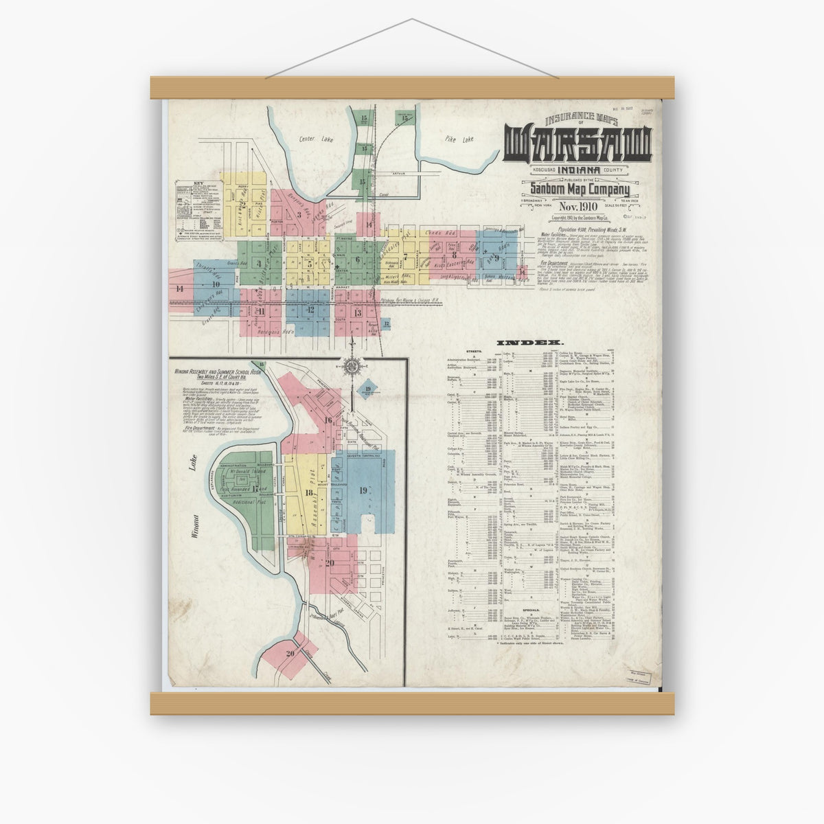 Old map wall art mockup — magnetic wood frame on white wall — Sanborn Fire Insurance Map from Warsaw, Kosciusko County, Indiana (1910), Sheet #0001