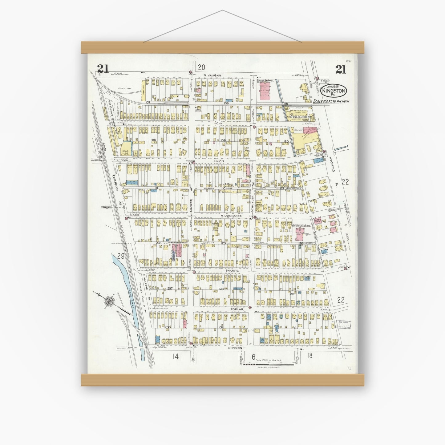 Old map wall art mockup — magnetic wood frame on white wall — Sanborn Fire Insurance Map from Kingston, Luzerne County, Pennsylvania (1925), Sheet #0021