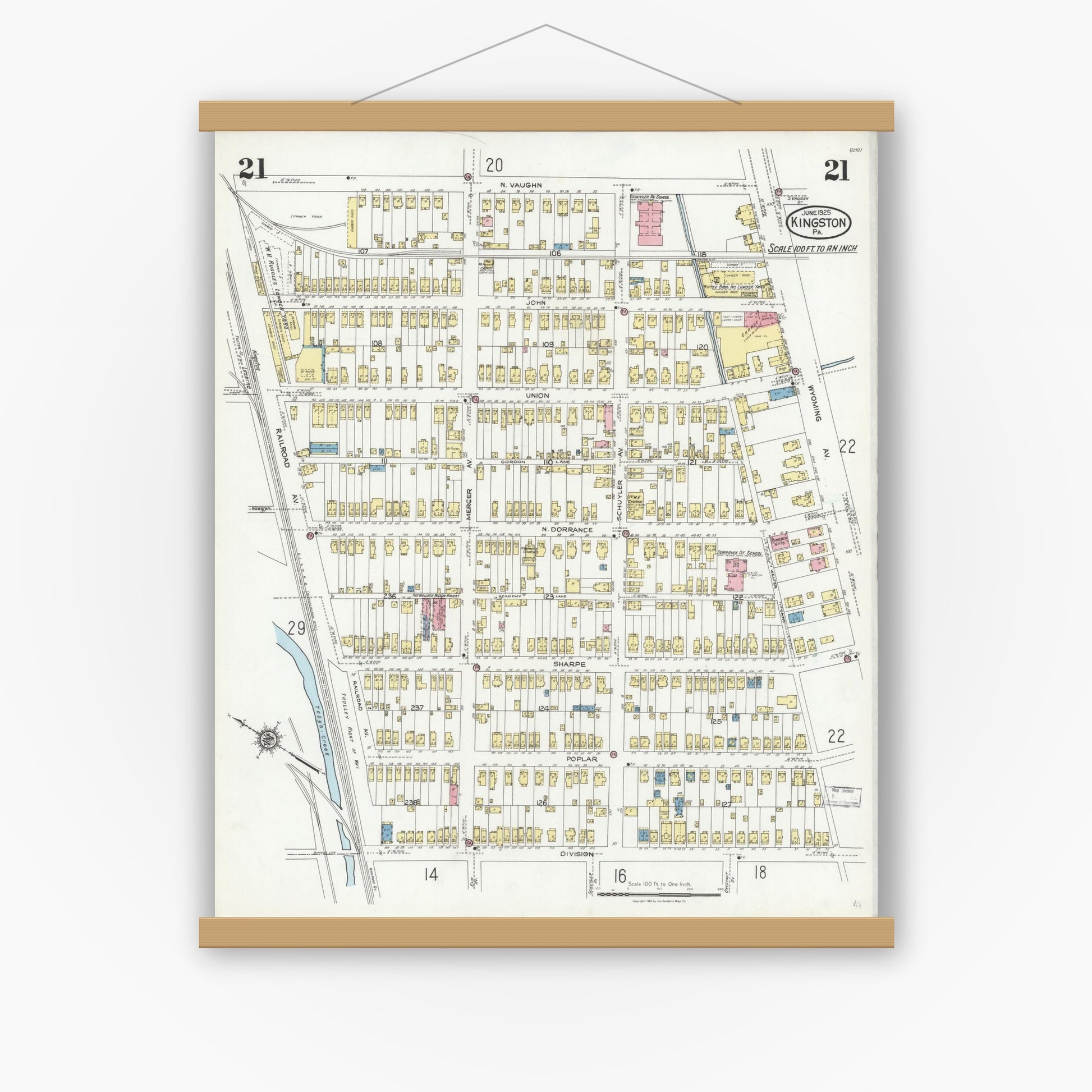 Old map wall art mockup — magnetic wood frame on white wall — Sanborn Fire Insurance Map from Kingston, Luzerne County, Pennsylvania (1925), Sheet #0021