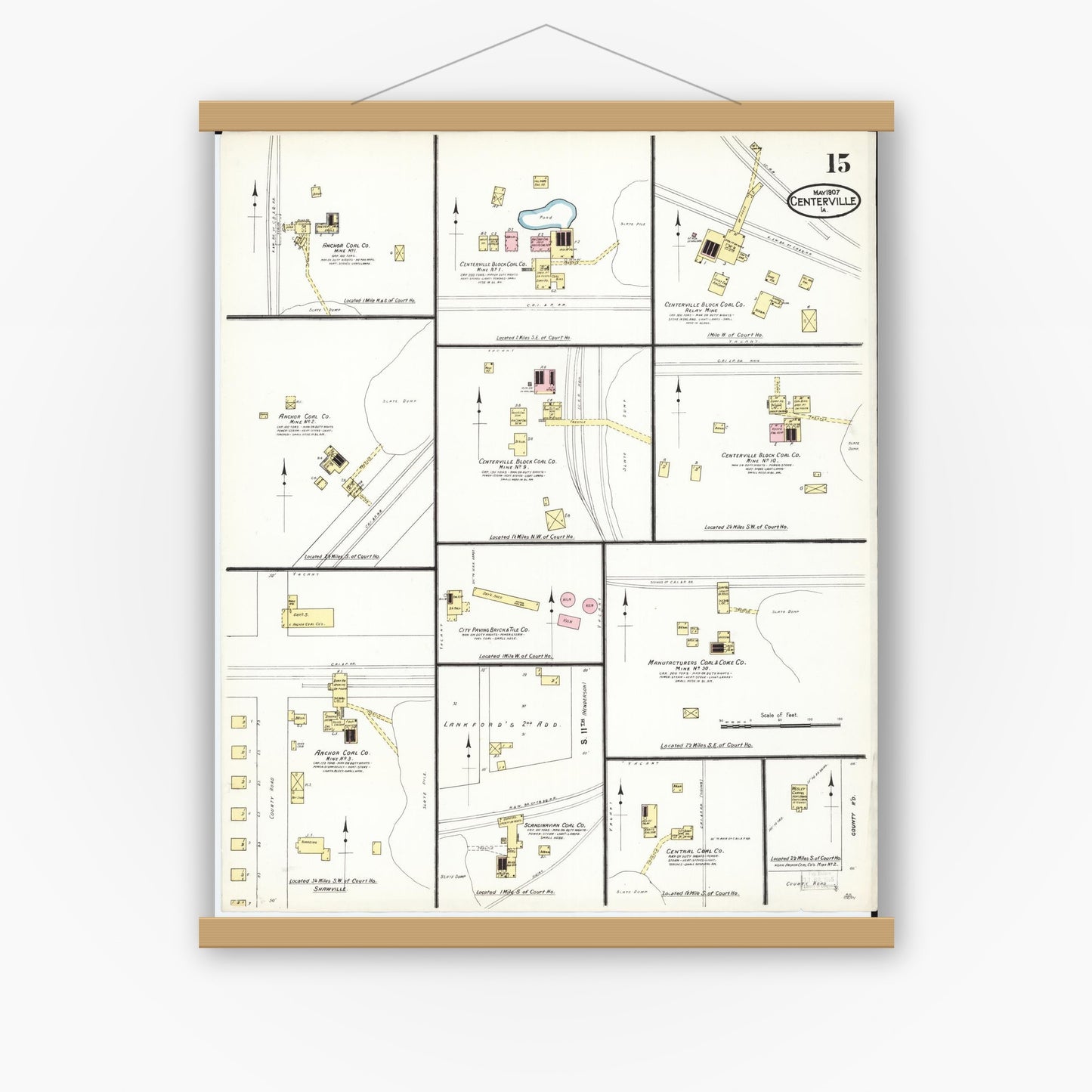 Old map wall art mockup — magnetic wood frame on white wall — Sanborn Fire Insurance Map from Centerville, Appanoose County, Iowa (1907), Sheet #0015