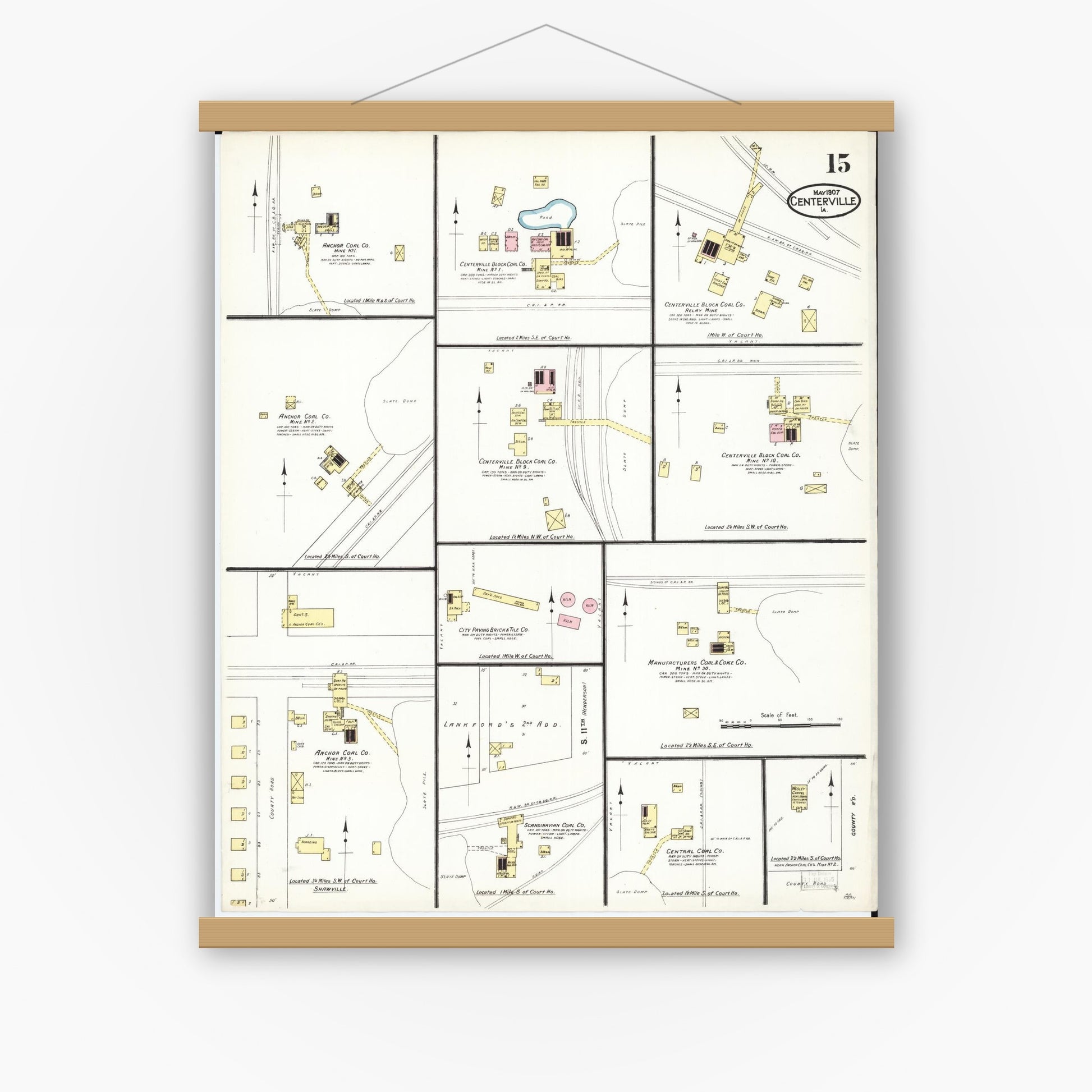 Old map wall art mockup — magnetic wood frame on white wall — Sanborn Fire Insurance Map from Centerville, Appanoose County, Iowa (1907), Sheet #0015