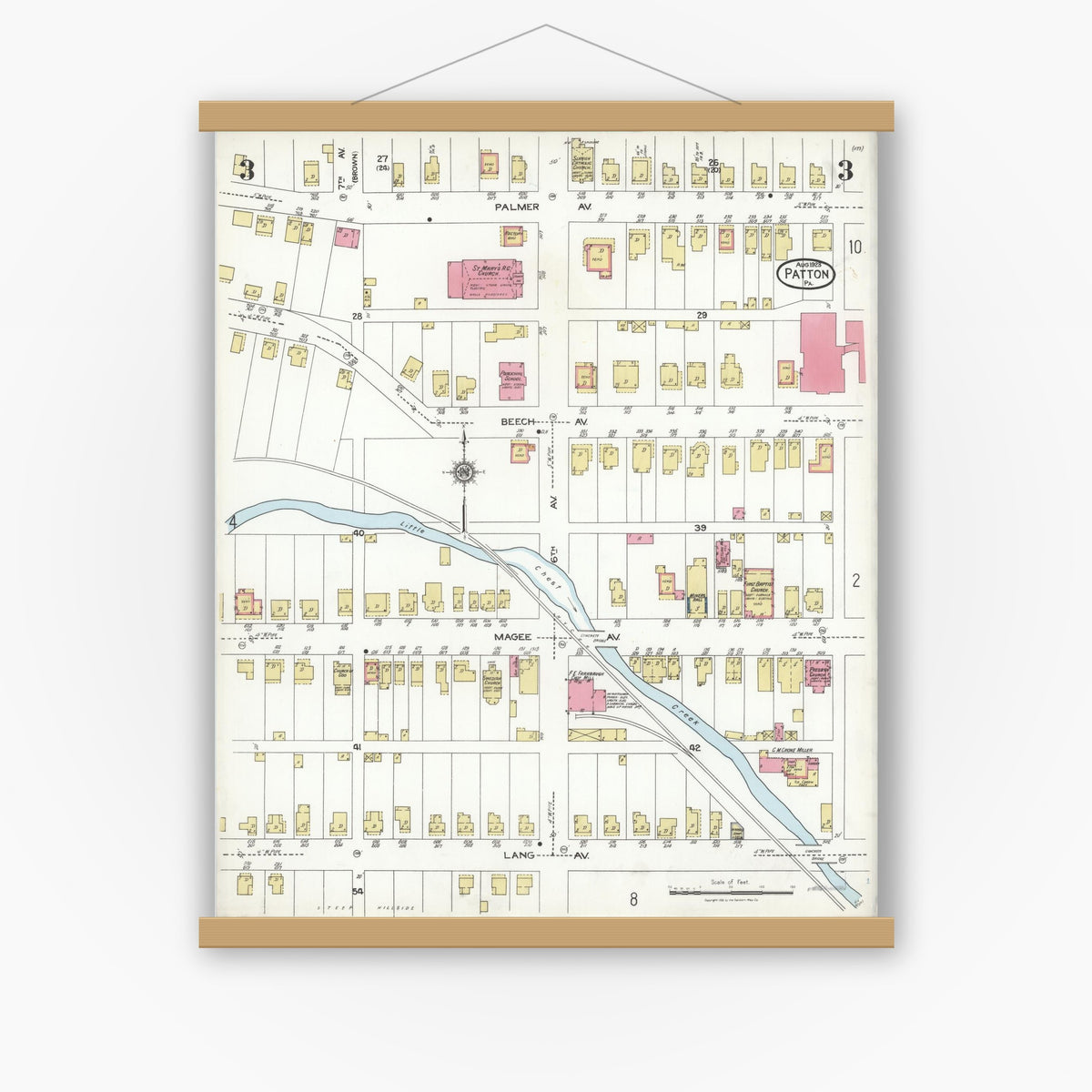 Old map wall art mockup — magnetic wood frame on white wall — Sanborn Fire Insurance Map from Patton, Cambria County, Pennsylvania (1923), Sheet #0003