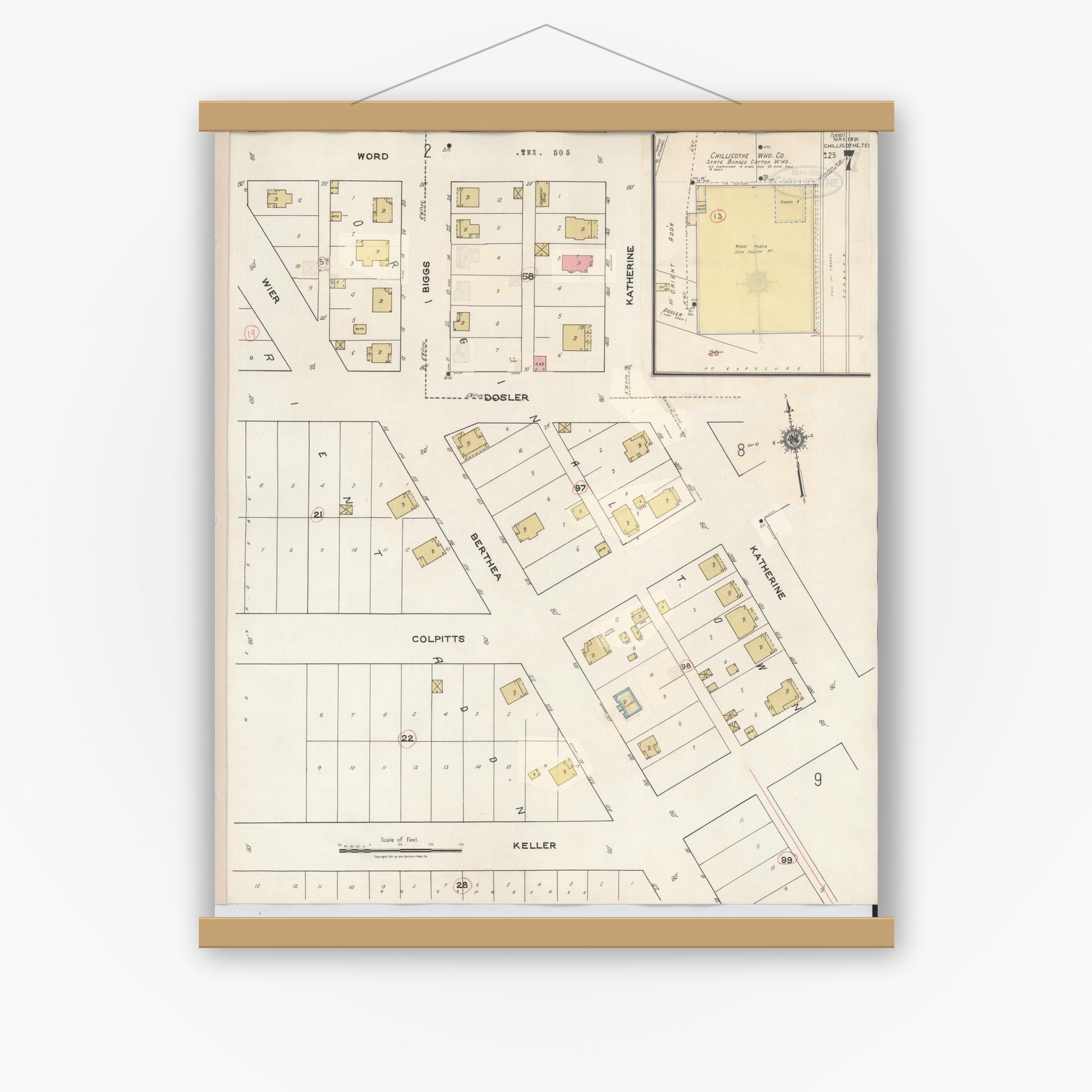 Old map wall art mockup — magnetic wood frame on white wall — Sanborn Fire Insurance Map from Chillicothe, Hardeman County, Texas (1941), Sheet #0007