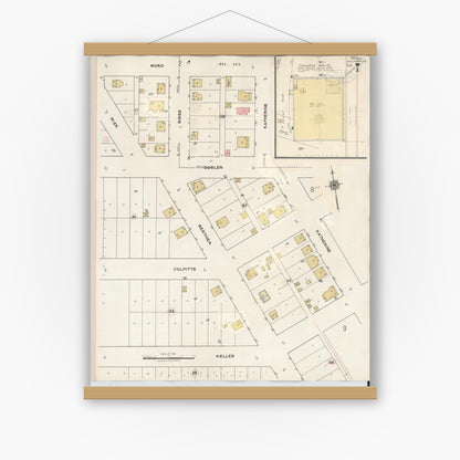 Old map wall art mockup — magnetic wood frame on white wall — Sanborn Fire Insurance Map from Chillicothe, Hardeman County, Texas (1941), Sheet #0007