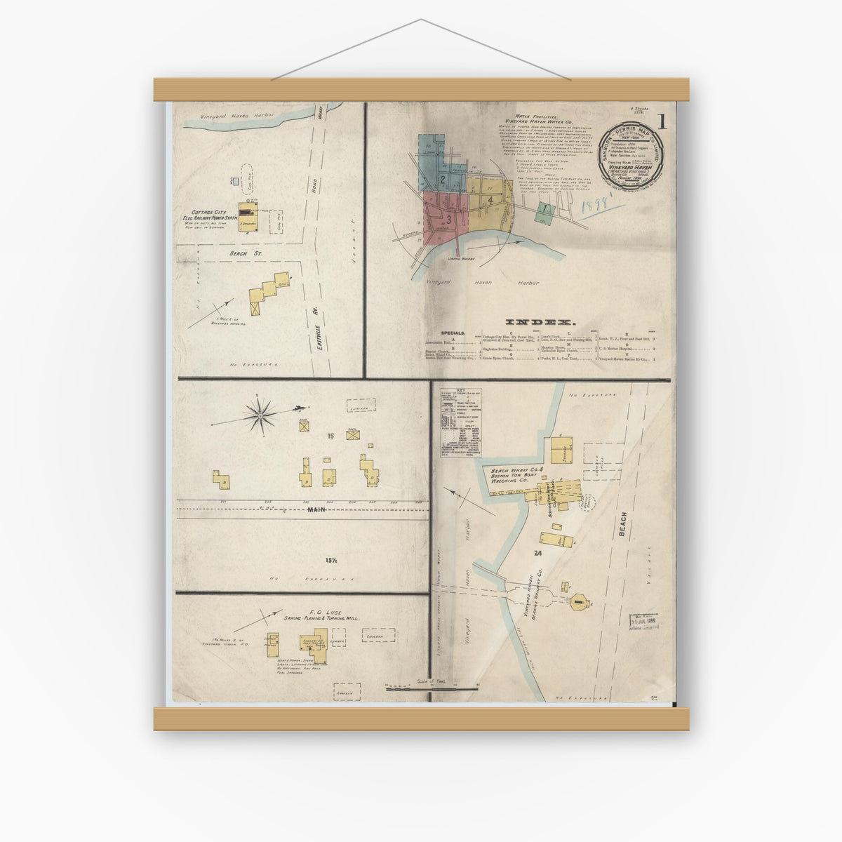 Old map wall art mockup — magnetic wood frame on white wall — Sanborn Fire Insurance Map from Vineyard Haven, Dukes County, Massachusetts (1898), Sheet #0001