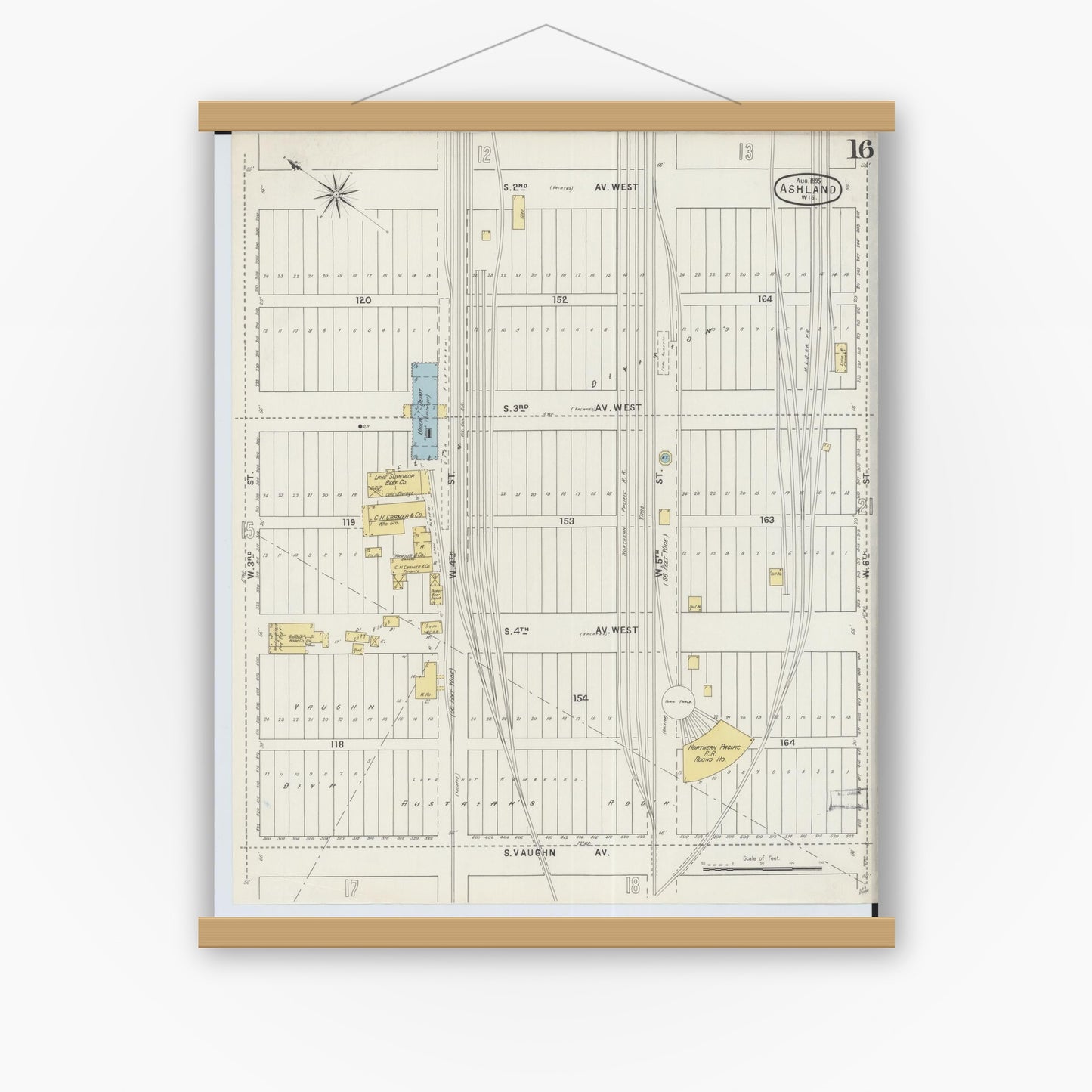 Old map wall art mockup — magnetic wood frame on white wall — Sanborn Fire Insurance Map from Ashland, Ashland County, Wisconsin (1895), Sheet #0016