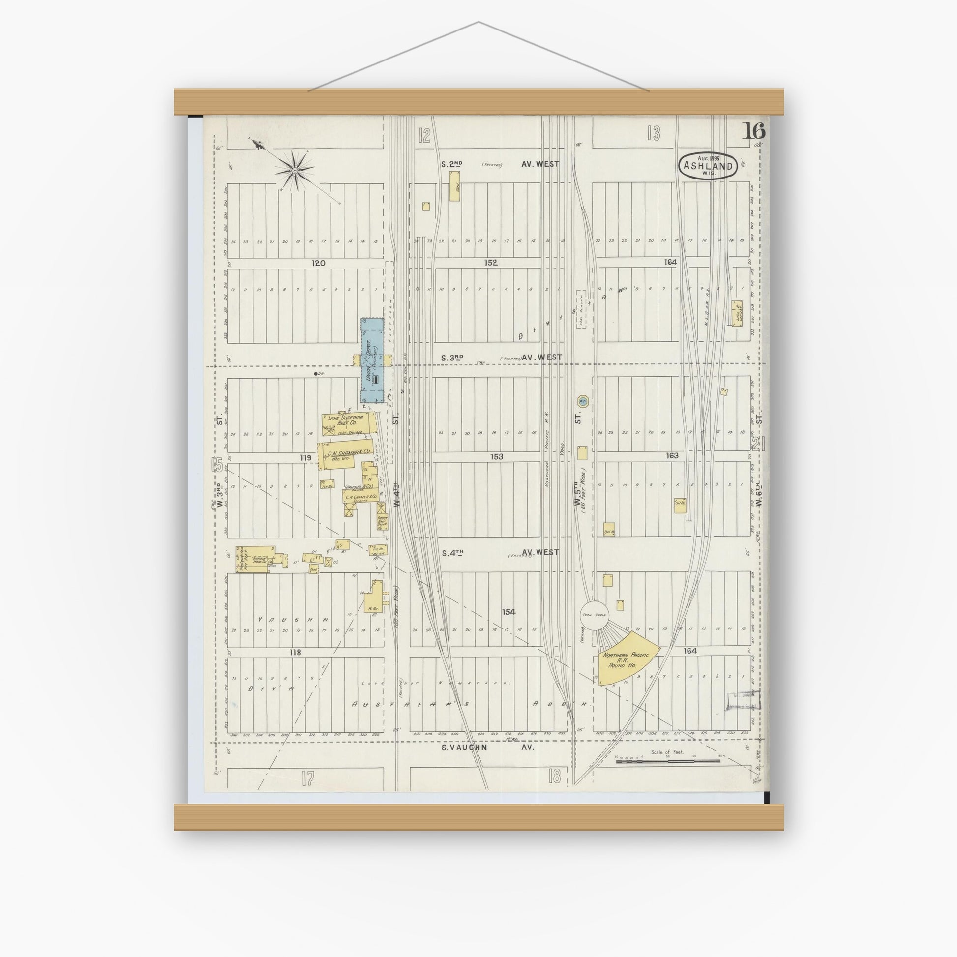 Old map wall art mockup — magnetic wood frame on white wall — Sanborn Fire Insurance Map from Ashland, Ashland County, Wisconsin (1895), Sheet #0016