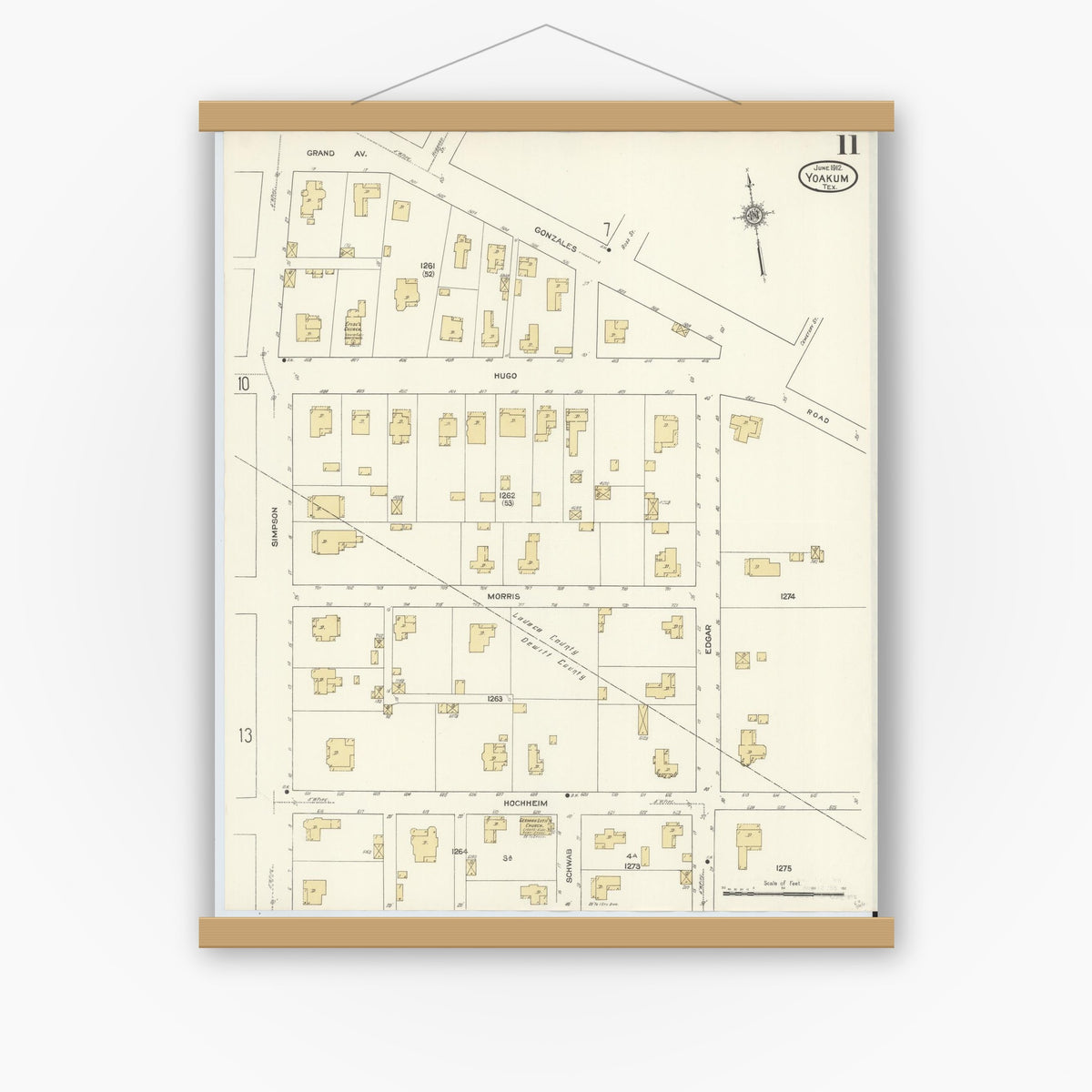 Old map wall art mockup — magnetic wood frame on white wall — Sanborn Fire Insurance Map from Yoakum, De Witt And Lavaca Counties, Texas (1912), Sheet #0011