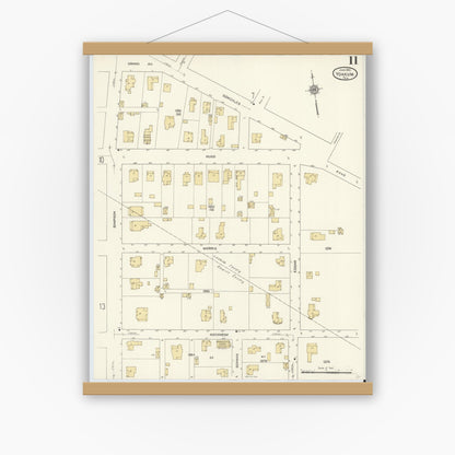 Old map wall art mockup — magnetic wood frame on white wall — Sanborn Fire Insurance Map from Yoakum, De Witt And Lavaca Counties, Texas (1912), Sheet #0011