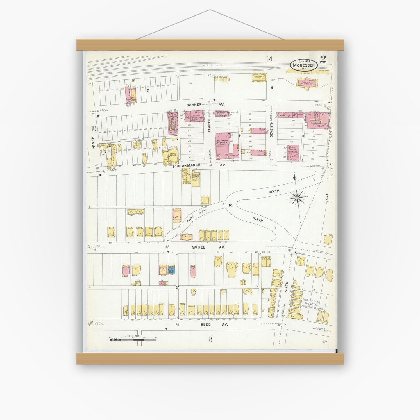 Old map wall art mockup — magnetic wood frame on white wall — Sanborn Fire Insurance Map from Monessen, Westmoreland County, Pennsylvania (1908), Sheet #0002