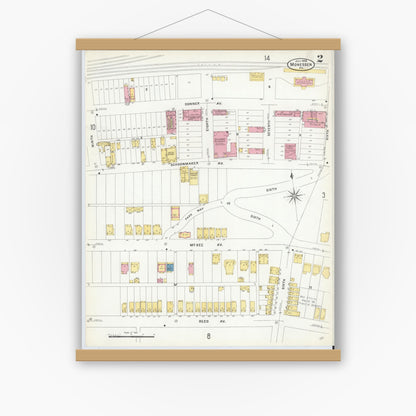 Old map wall art mockup — magnetic wood frame on white wall — Sanborn Fire Insurance Map from Monessen, Westmoreland County, Pennsylvania (1908), Sheet #0002