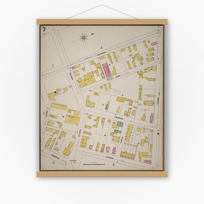 Old map wall art mockup — magnetic wood frame on white wall — Sanborn Fire Insurance Map from Saratoga, Saratoga County, New York (1900), Sheet #0007