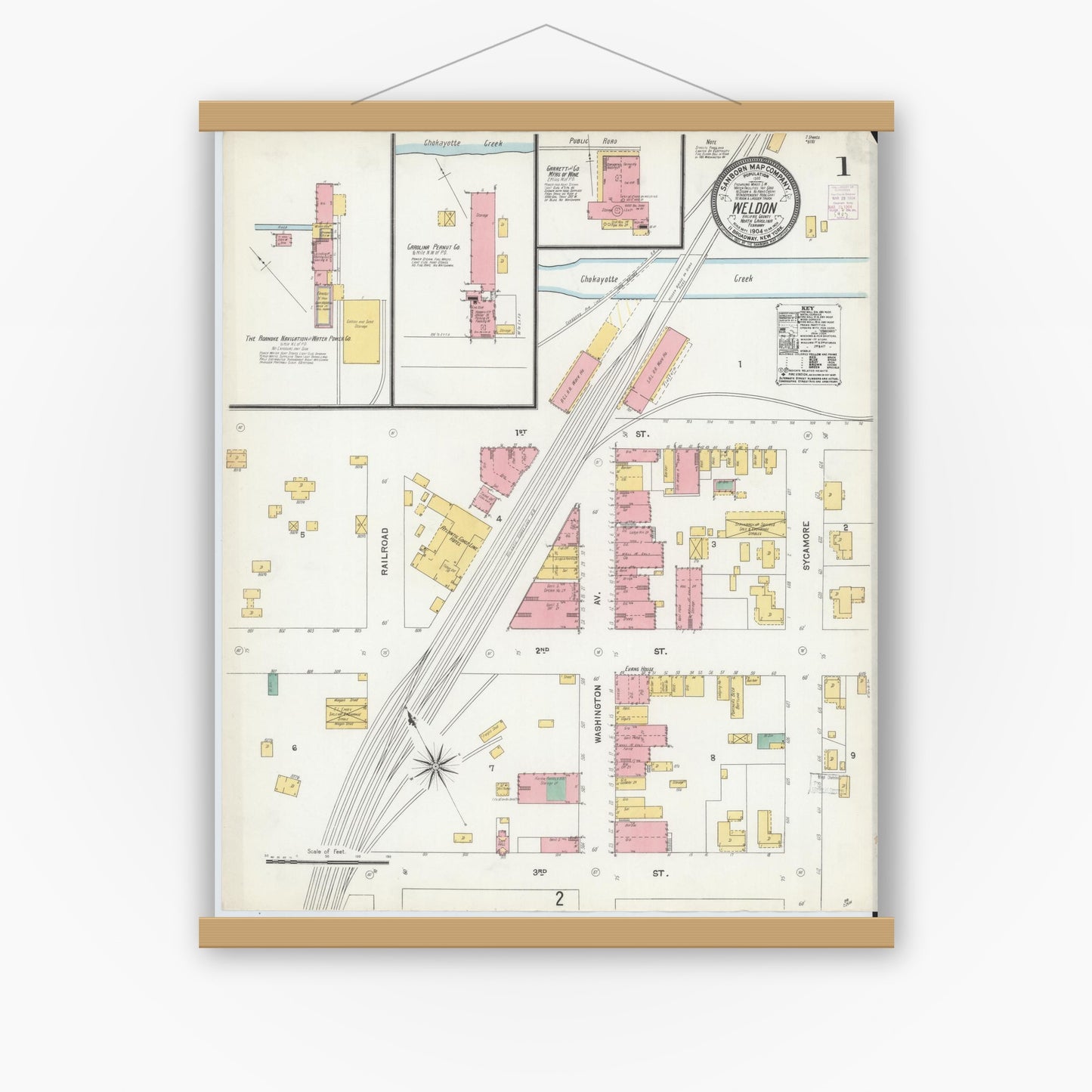 Old map wall art mockup — magnetic wood frame on white wall — Sanborn Fire Insurance Map from Weldon, Halifax County, North Carolina (1904) - Complete Map Set