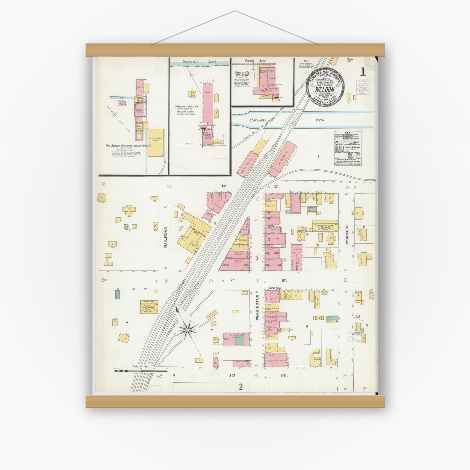 Old map wall art mockup — magnetic wood frame on white wall — Sanborn Fire Insurance Map from Weldon, Halifax County, North Carolina (1904) - Complete Map Set
