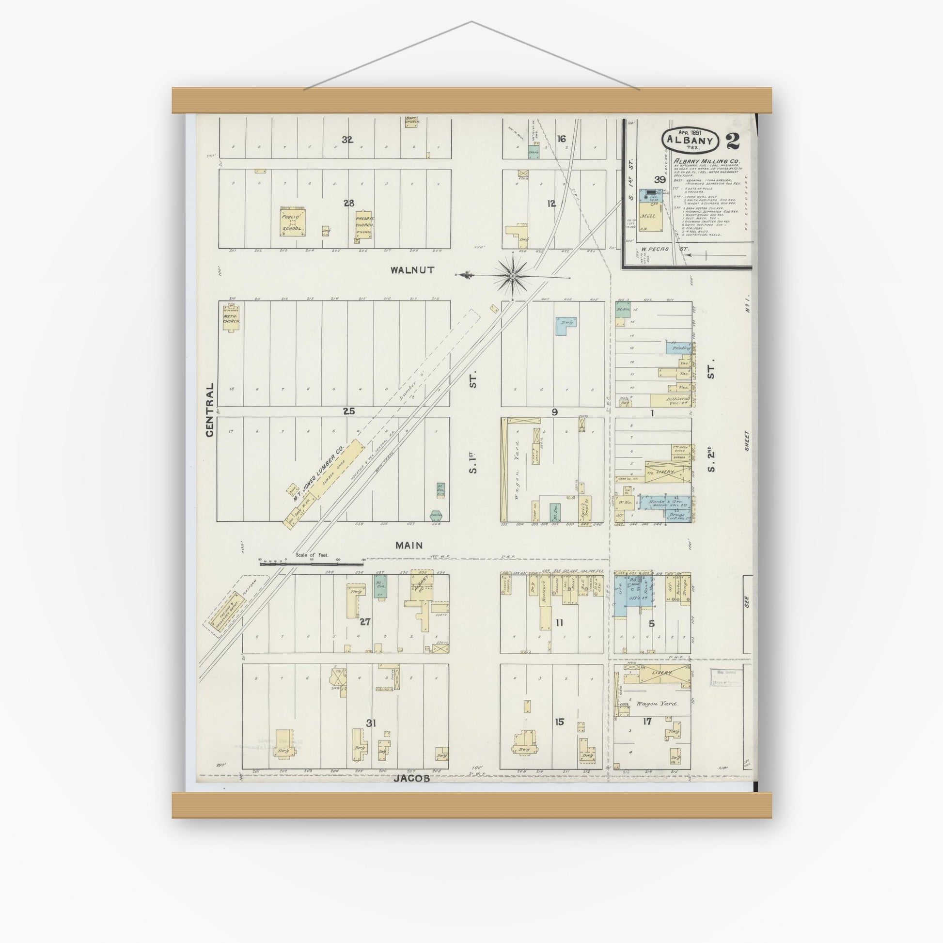 Old map wall art mockup — magnetic wood frame on white wall — Sanborn Fire Insurance Map from Albany, Shackelford County, Texas (1891), Sheet #0002