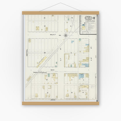 Old map wall art mockup — magnetic wood frame on white wall — Sanborn Fire Insurance Map from Albany, Shackelford County, Texas (1891), Sheet #0002