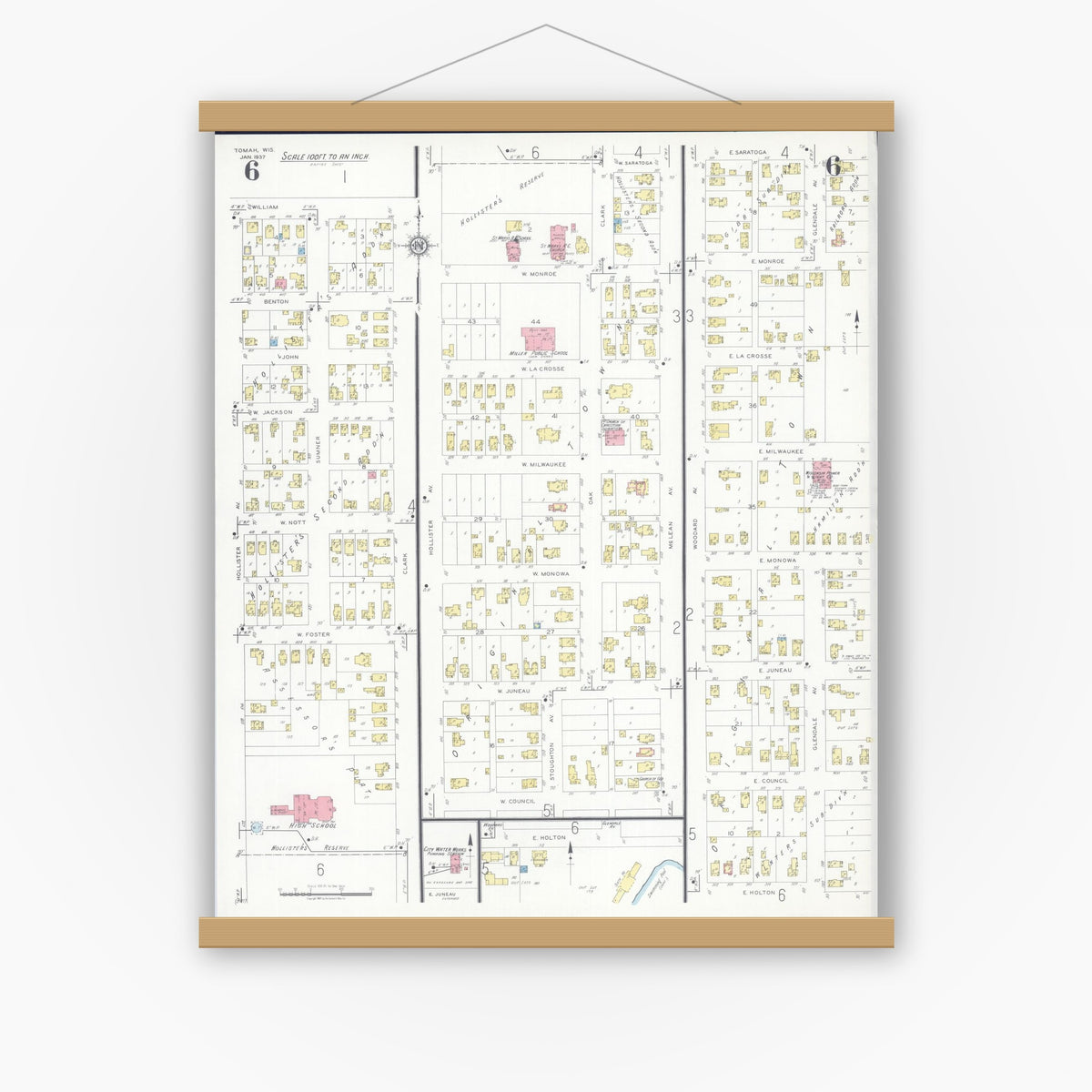 Old map wall art mockup — magnetic wood frame on white wall — Sanborn Fire Insurance Map from Tomah, Monroe County, Wisconsin (1937), Sheet #0006