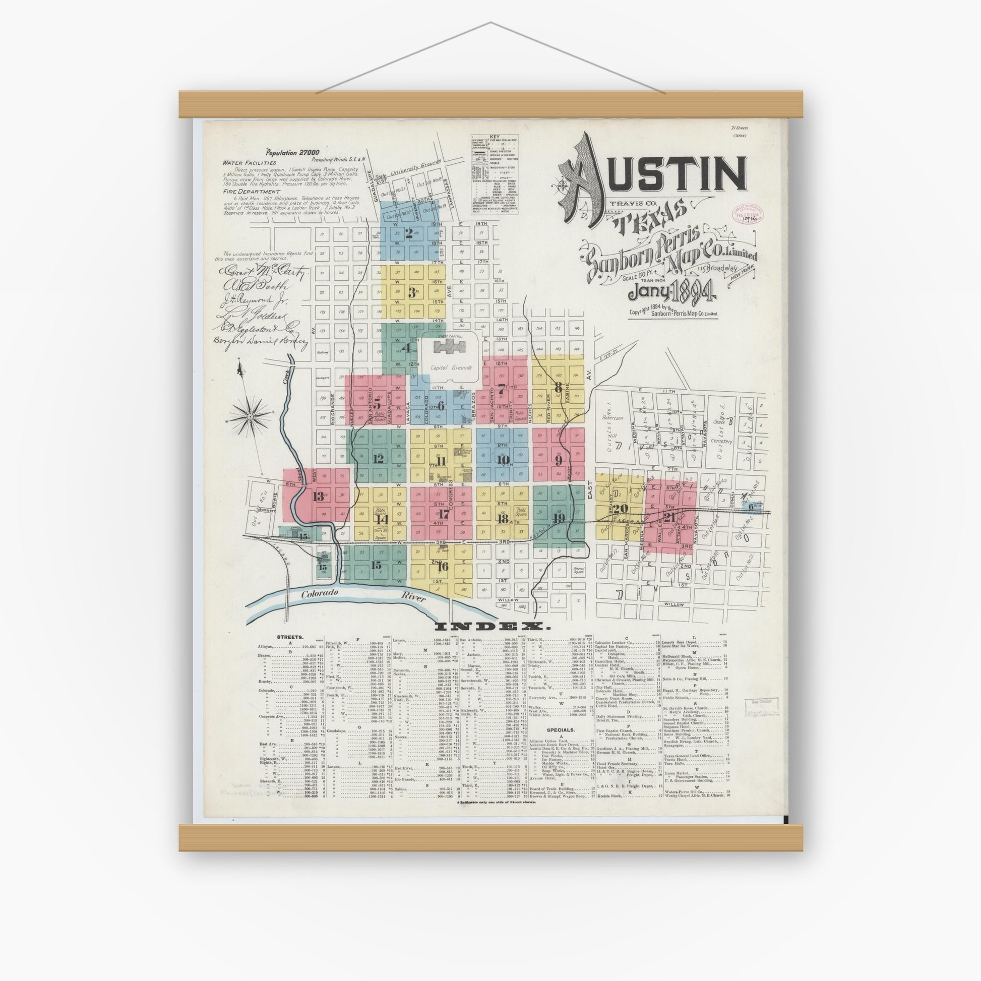 Old map wall art mockup — magnetic wood frame on white wall — Sanborn Fire Insurance Map from Austin, Travis County, Texas (1894), Sheet #0001