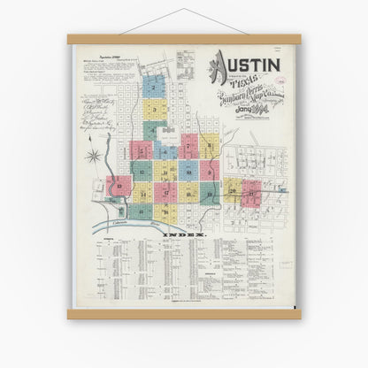 Old map wall art mockup — magnetic wood frame on white wall — Sanborn Fire Insurance Map from Austin, Travis County, Texas (1894), Sheet #0001