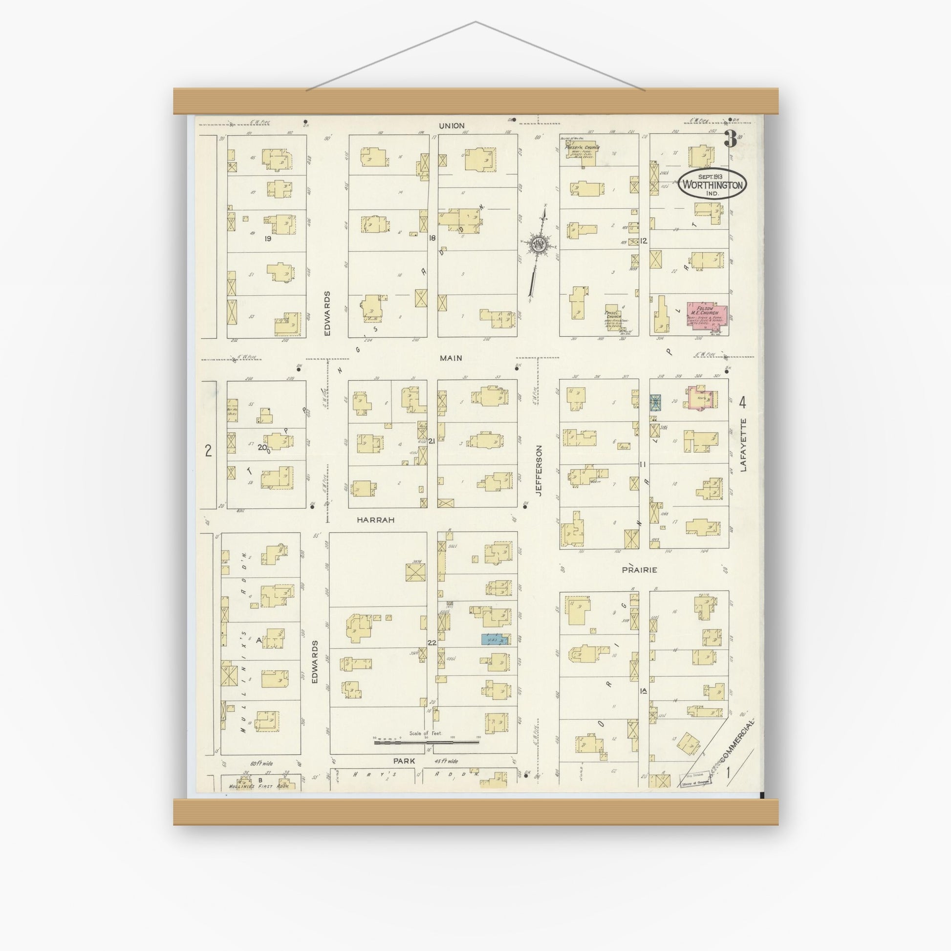 Old map wall art mockup — magnetic wood frame on white wall — Sanborn Fire Insurance Map from Worthington, Greene County, Indiana (1913), Sheet #0003