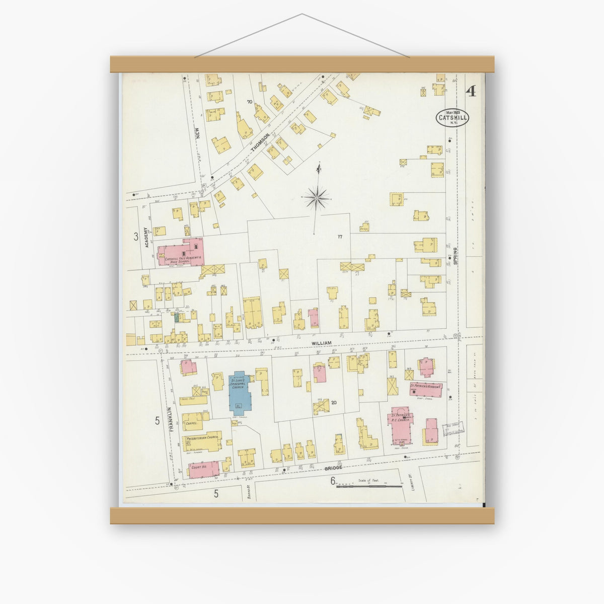 Old map wall art mockup — magnetic wood frame on white wall — Sanborn Fire Insurance Map from Catskill, Greene County, New York (1903), Sheet #0004