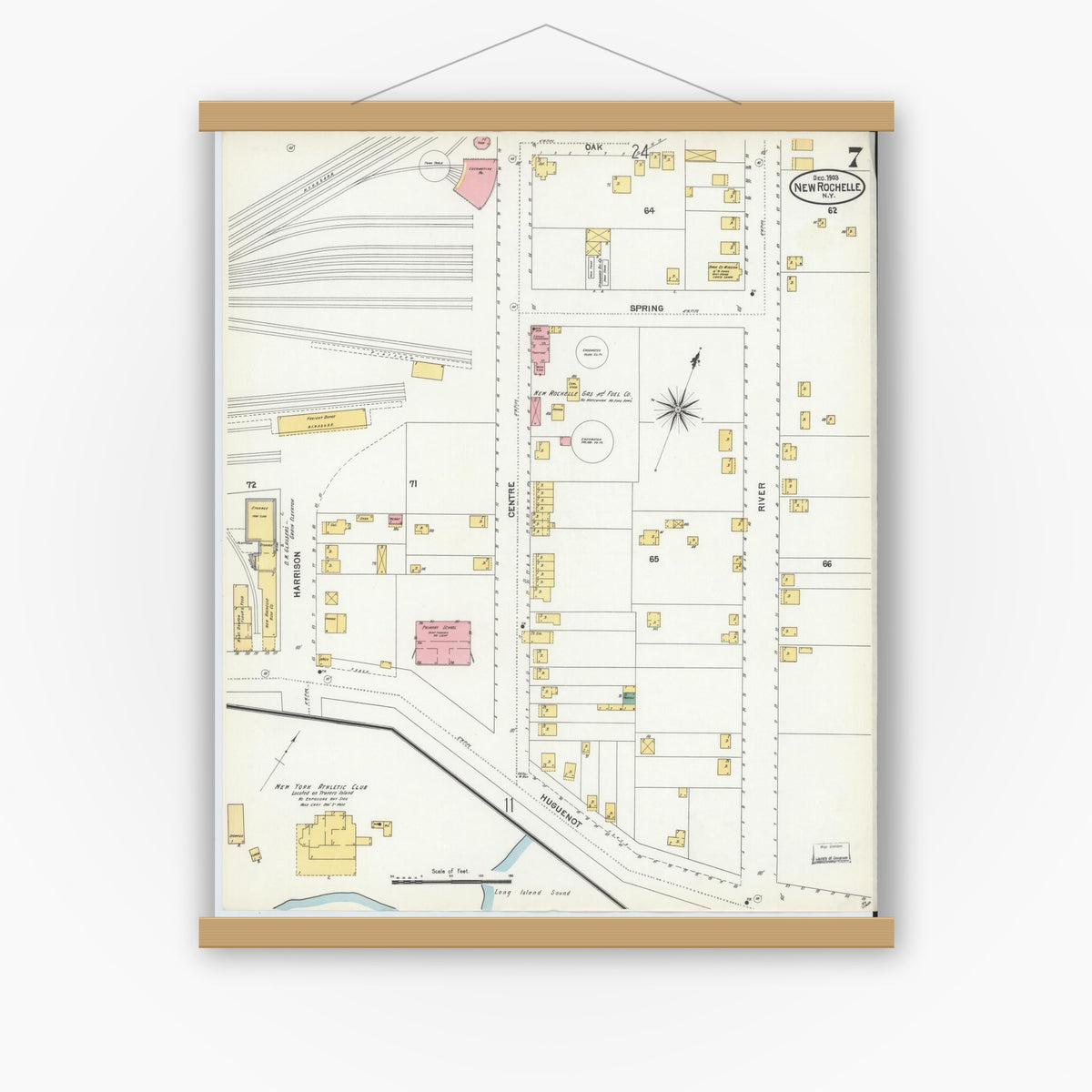 Old map wall art mockup — magnetic wood frame on white wall — Sanborn Fire Insurance Map from New Rochelle, Westchester County, New York (1903), Sheet #0007