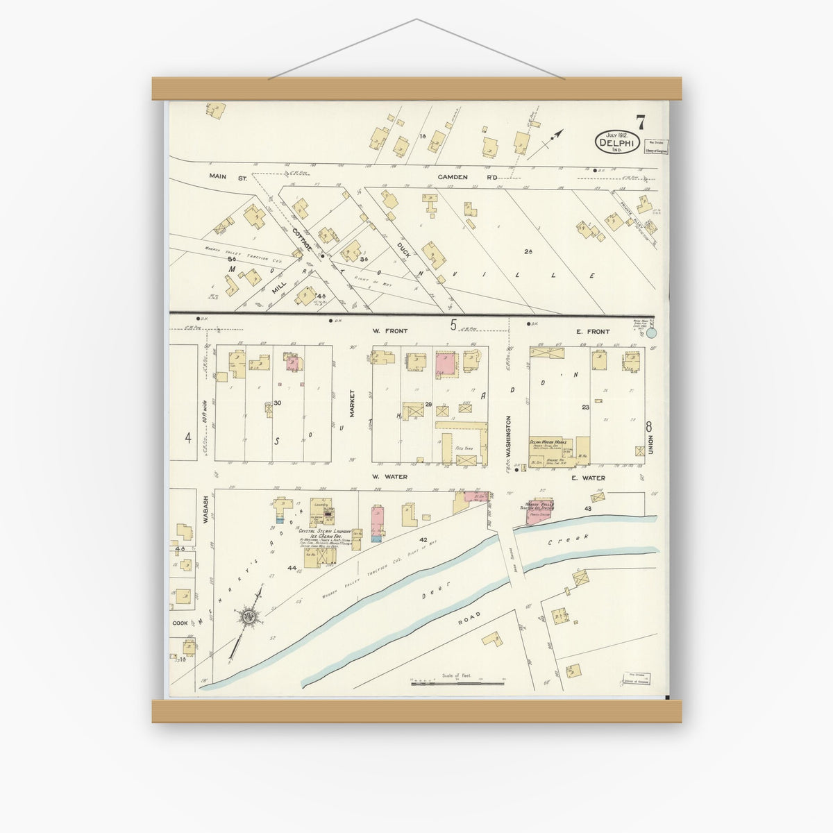Old map wall art mockup — magnetic wood frame on white wall — Sanborn Fire Insurance Map from Delphi, Carroll County, Indiana (1912), Sheet #0007
