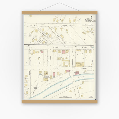 Old map wall art mockup — magnetic wood frame on white wall — Sanborn Fire Insurance Map from Delphi, Carroll County, Indiana (1912), Sheet #0007