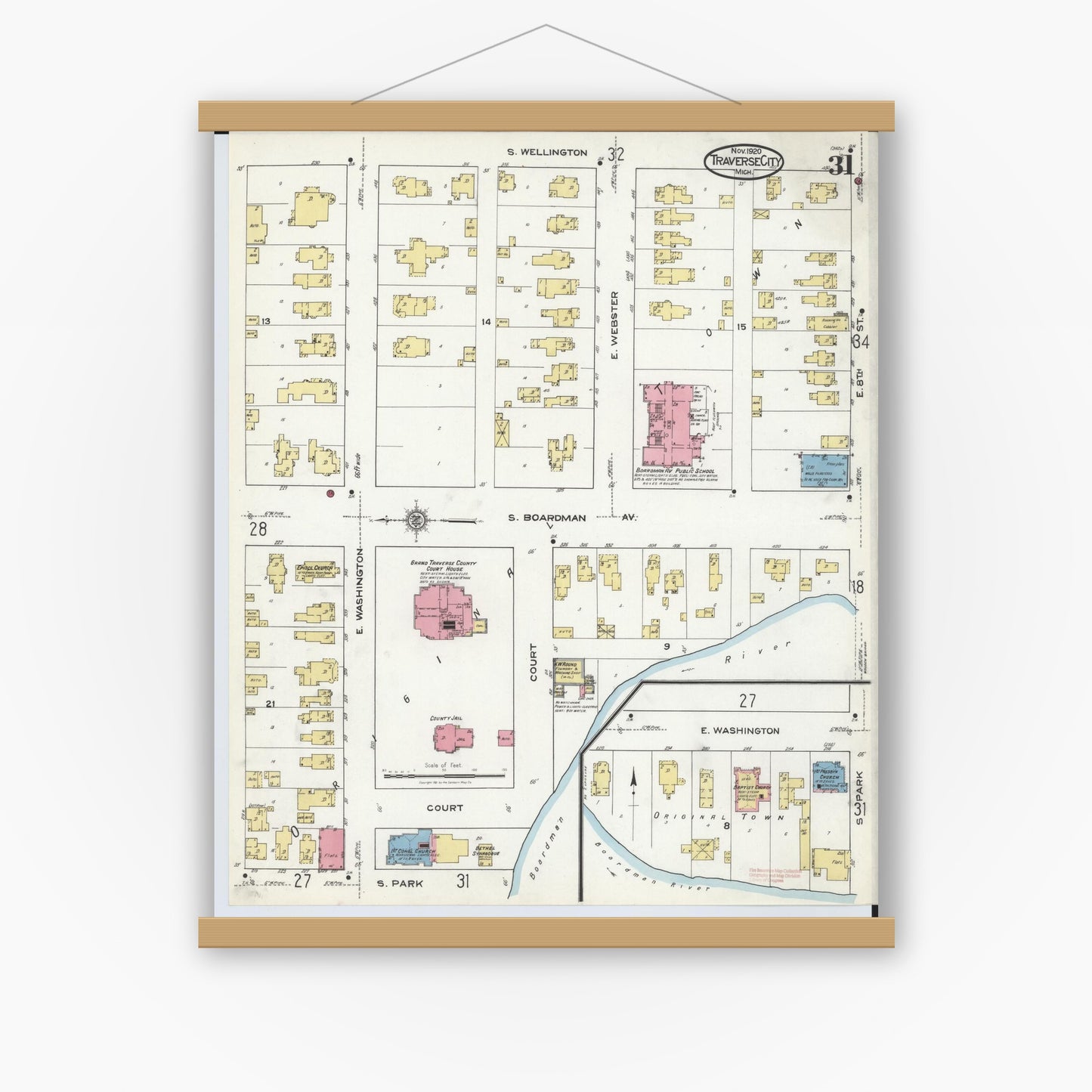 Old map wall art mockup — magnetic wood frame on white wall — Sanborn Fire Insurance Map from Traverse City, Grand Traverse County, Michigan (1920), Sheet #0031