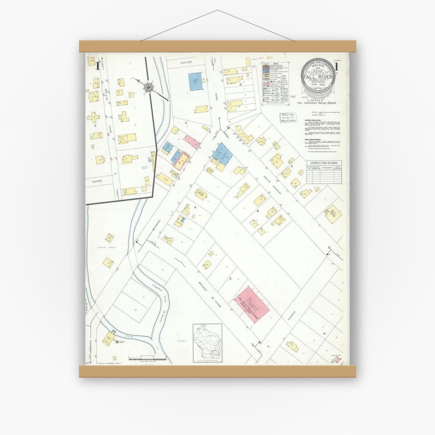 Old map wall art mockup — magnetic wood frame on white wall — Sanborn Fire Insurance Map from Fall River, Columbia County, Wisconsin (1943) - Complete Map Set