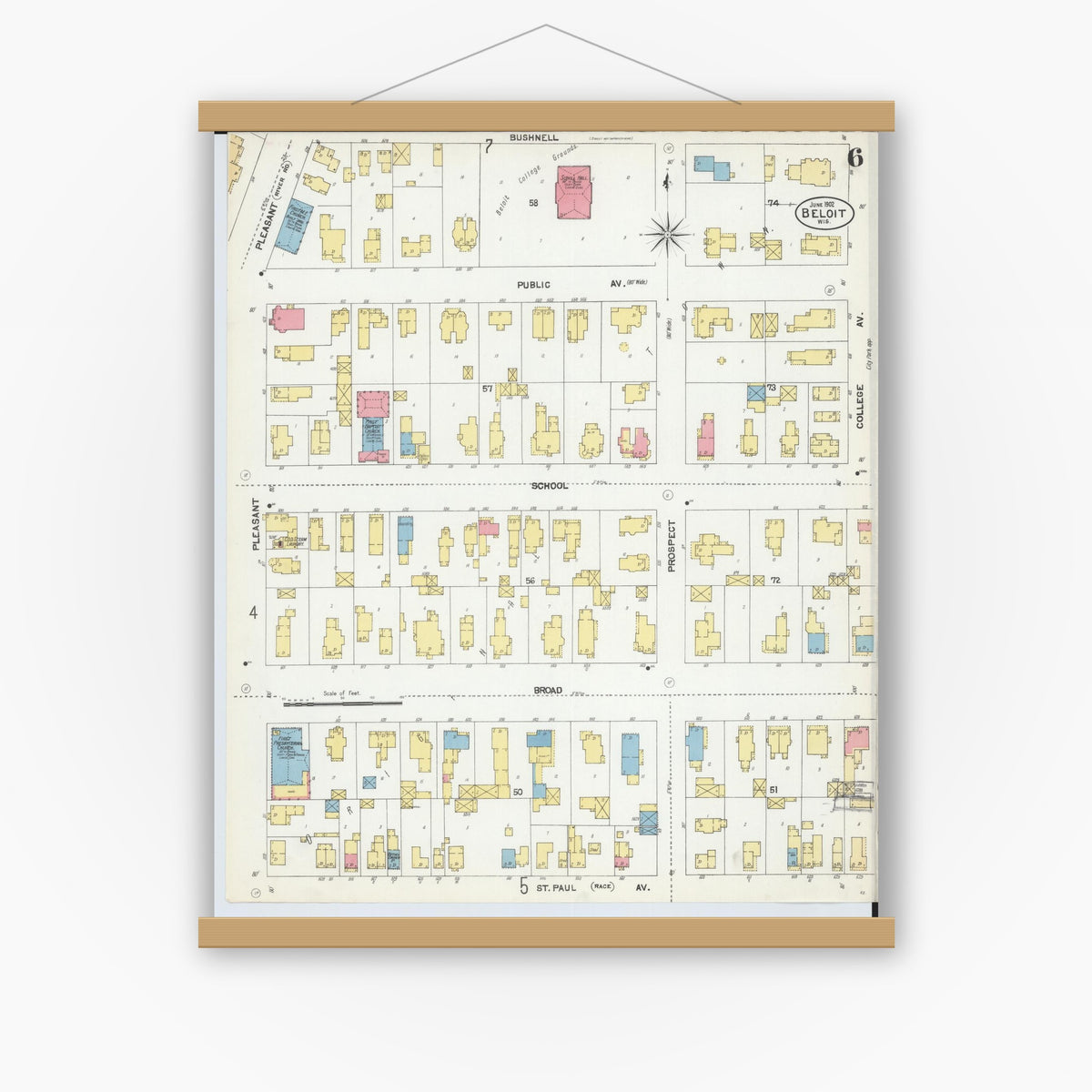 Old map wall art mockup — magnetic wood frame on white wall — Sanborn Fire Insurance Map from Beloit, Rock County, Wisconsin (1902), Sheet #0006