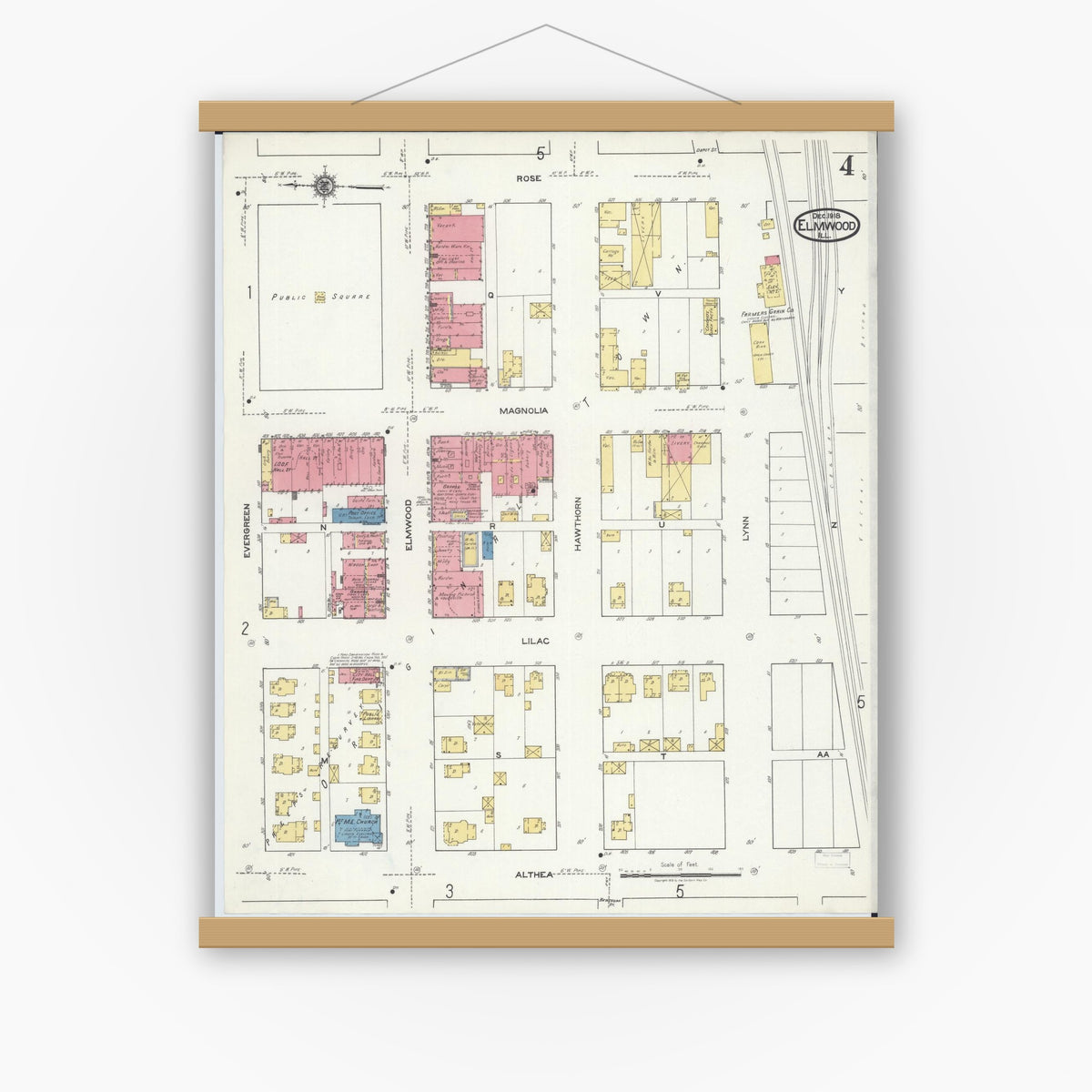 Old map wall art mockup — magnetic wood frame on white wall — Sanborn Fire Insurance Map from Elmwood, Peoria County, Illinois (1918), Sheet #0004
