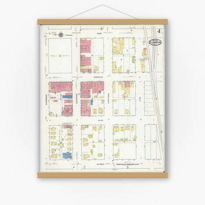 Old map wall art mockup — magnetic wood frame on white wall — Sanborn Fire Insurance Map from Elmwood, Peoria County, Illinois (1918), Sheet #0004