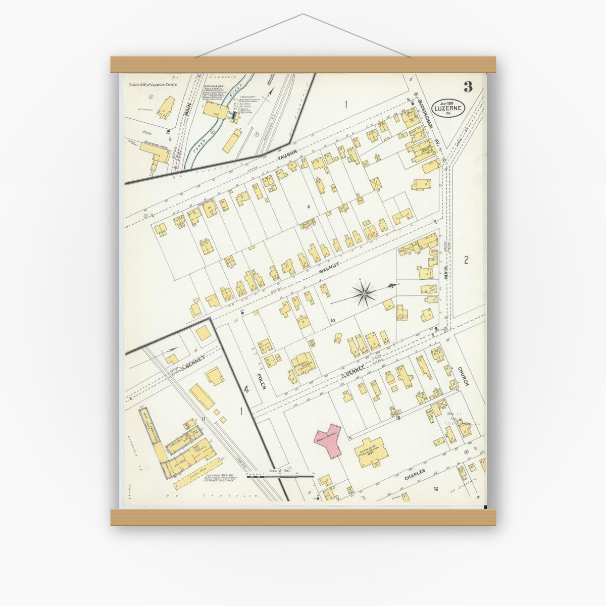 Old map wall art mockup — magnetic wood frame on white wall — Sanborn Fire Insurance Map from Luzerne, Luzerne County, Pennsylvania (1903), Sheet #0003