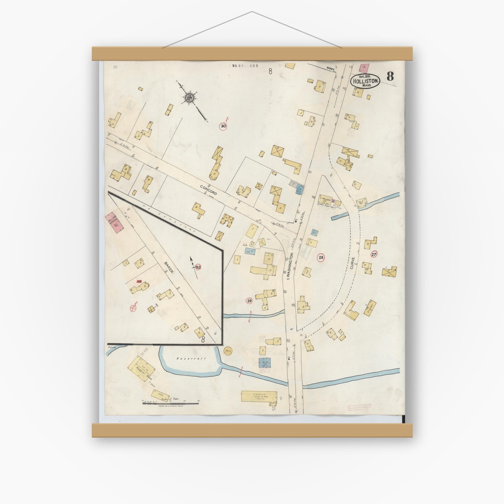 Old map wall art mockup — magnetic wood frame on white wall — Sanborn Fire Insurance Map from Holliston, Middlesex County, Massachusetts (1942), Sheet #0008