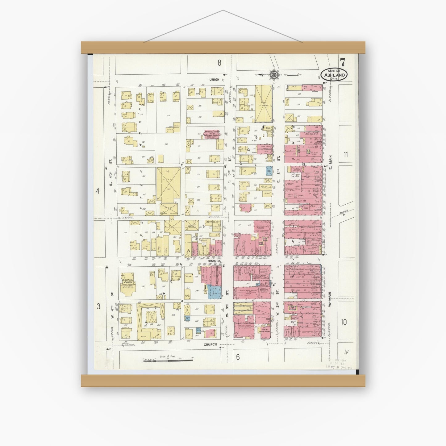 Old map wall art mockup — magnetic wood frame on white wall — Sanborn Fire Insurance Map from Ashland, Ashland County, Ohio (1911), Sheet #0007
