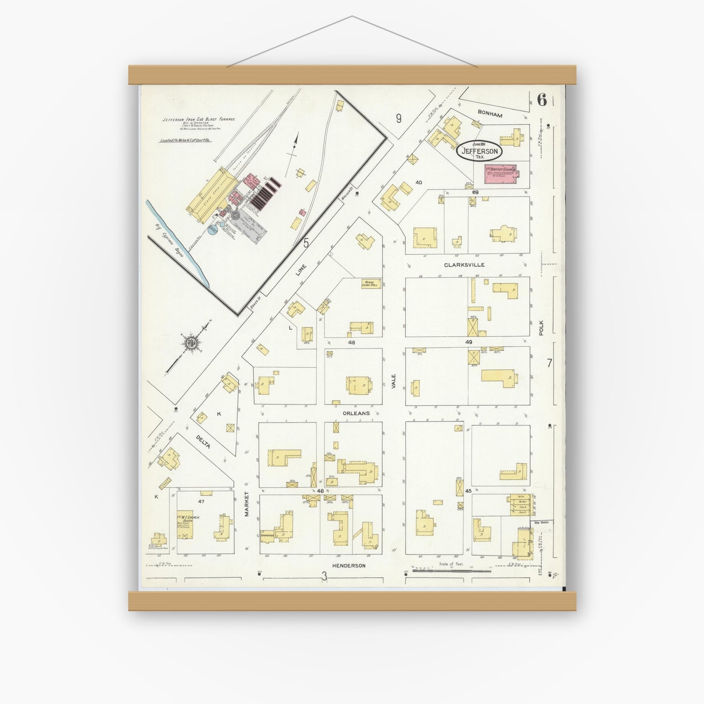 Old map wall art mockup — magnetic wood frame on white wall — Sanborn Fire Insurance Map from Jefferson, Marion County, Texas (1911), Sheet #0006