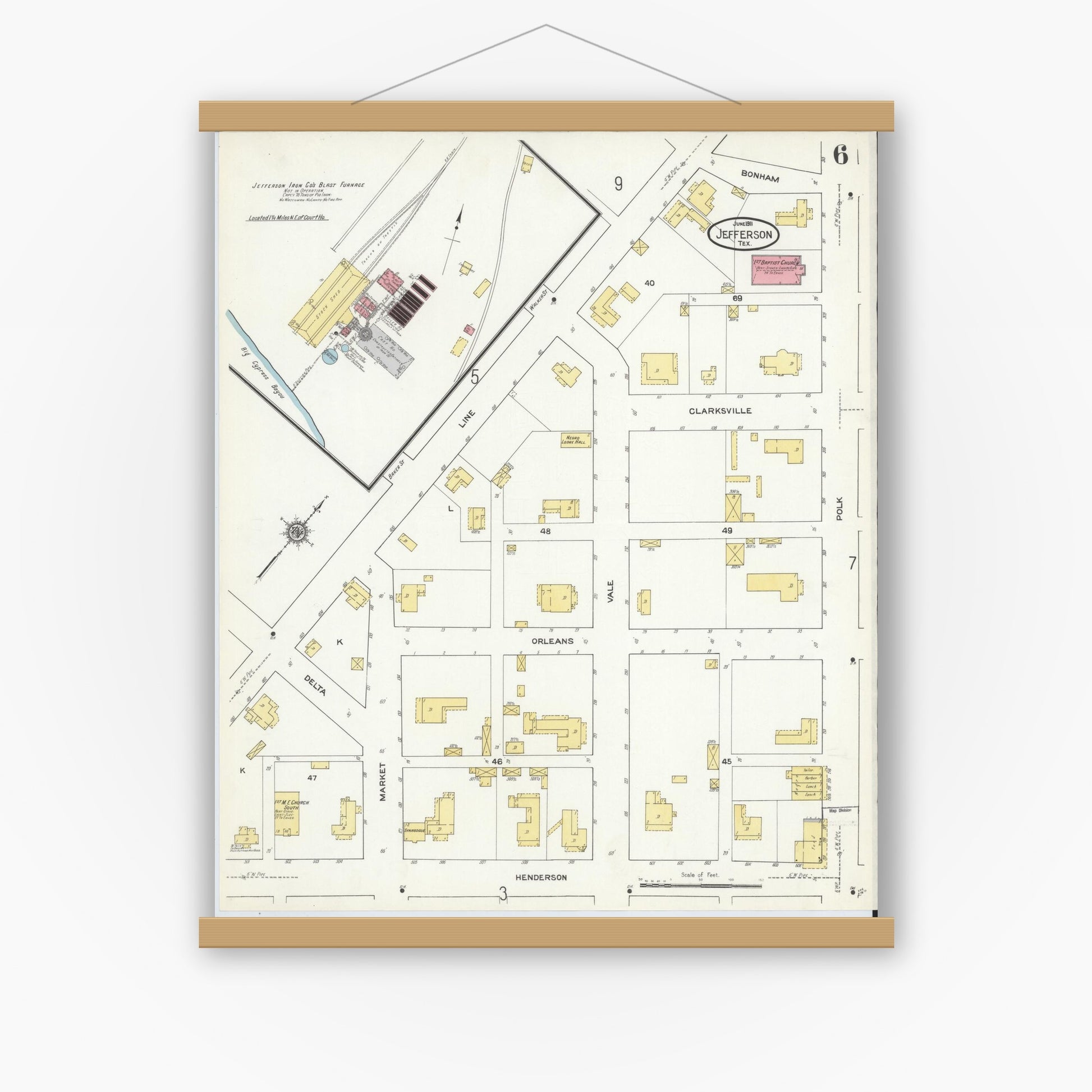 Old map wall art mockup — magnetic wood frame on white wall — Sanborn Fire Insurance Map from Jefferson, Marion County, Texas (1911), Sheet #0006