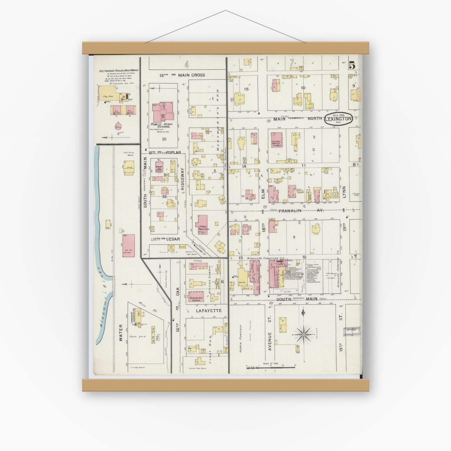 Old map wall art mockup — magnetic wood frame on white wall — Sanborn Fire Insurance Map from Lexington, Lafayette County, Missouri (1894), Sheet #0005