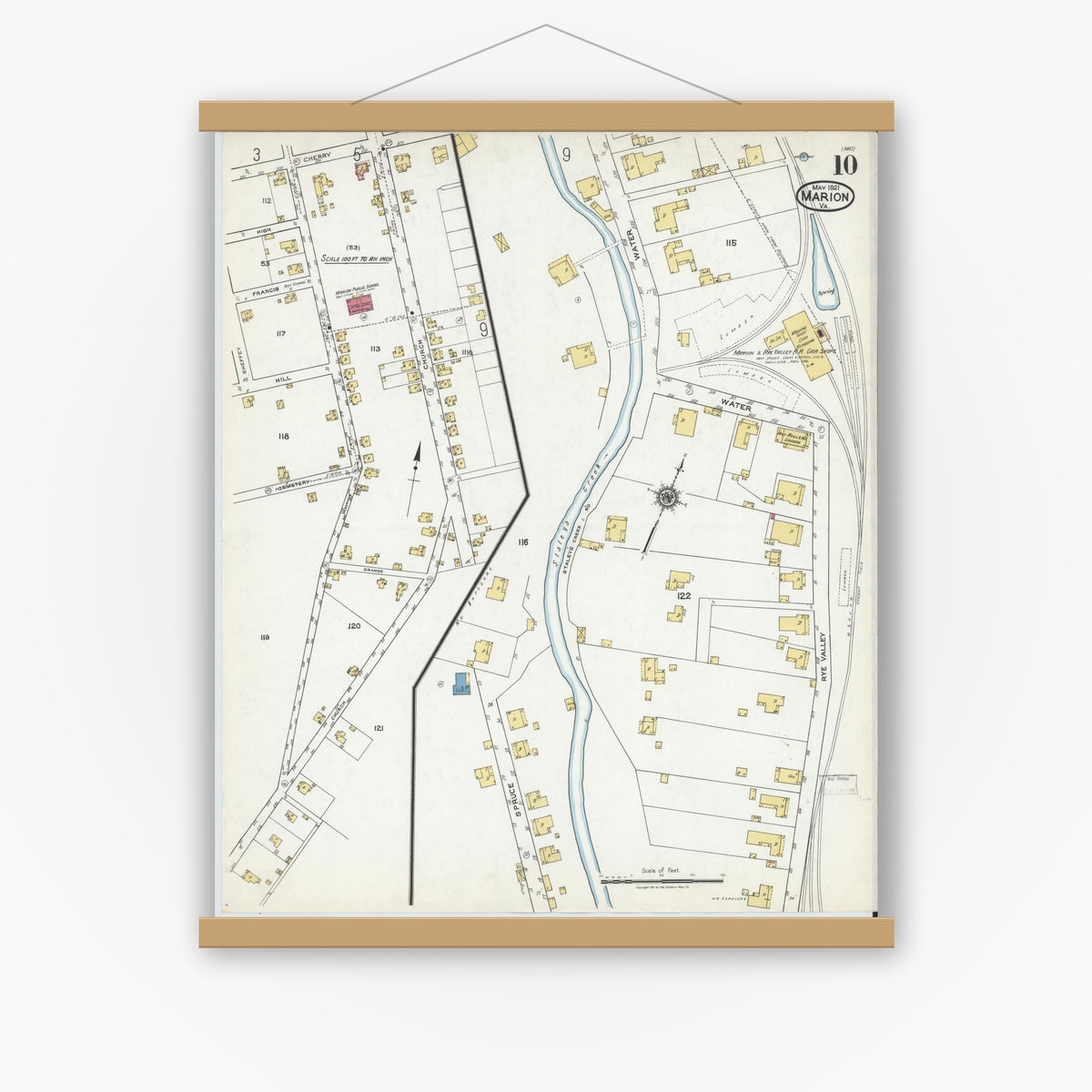 Old map wall art mockup — magnetic wood frame on white wall — Sanborn Fire Insurance Map from Marion, Smyth County, Virginia (1921), Sheet #0010