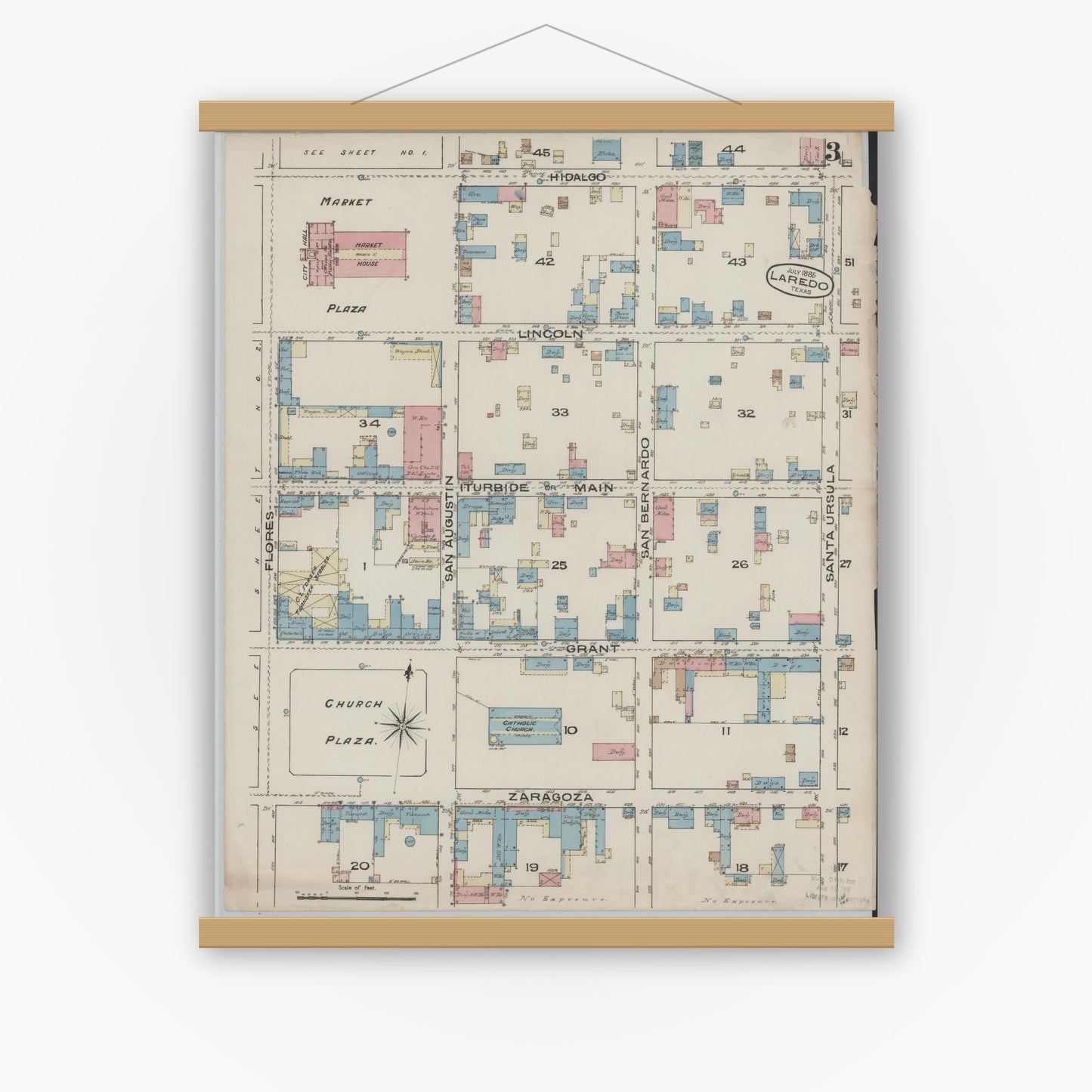Old map wall art mockup — magnetic wood frame on white wall — Sanborn Fire Insurance Map from Laredo, Webb County, Texas (1885), Sheet #0003