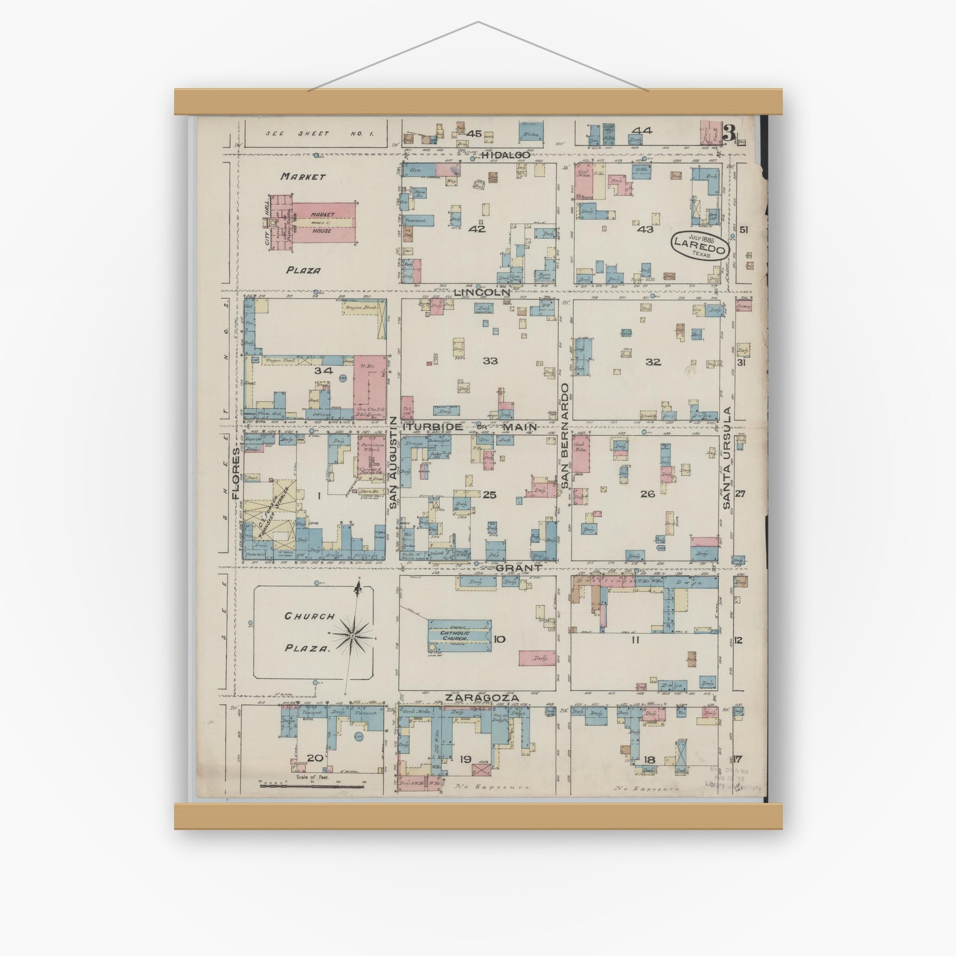 Old map wall art mockup — magnetic wood frame on white wall — Sanborn Fire Insurance Map from Laredo, Webb County, Texas (1885), Sheet #0003