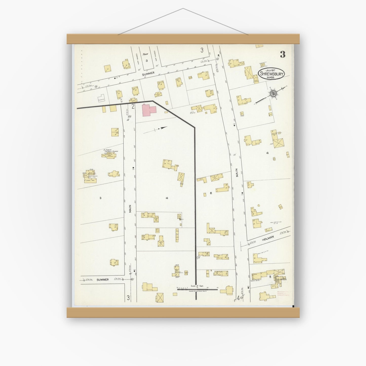 Old map wall art mockup — magnetic wood frame on white wall — Sanborn Fire Insurance Map from Shrewsbury, Worcester County, Massachusetts (1917), Sheet #0003