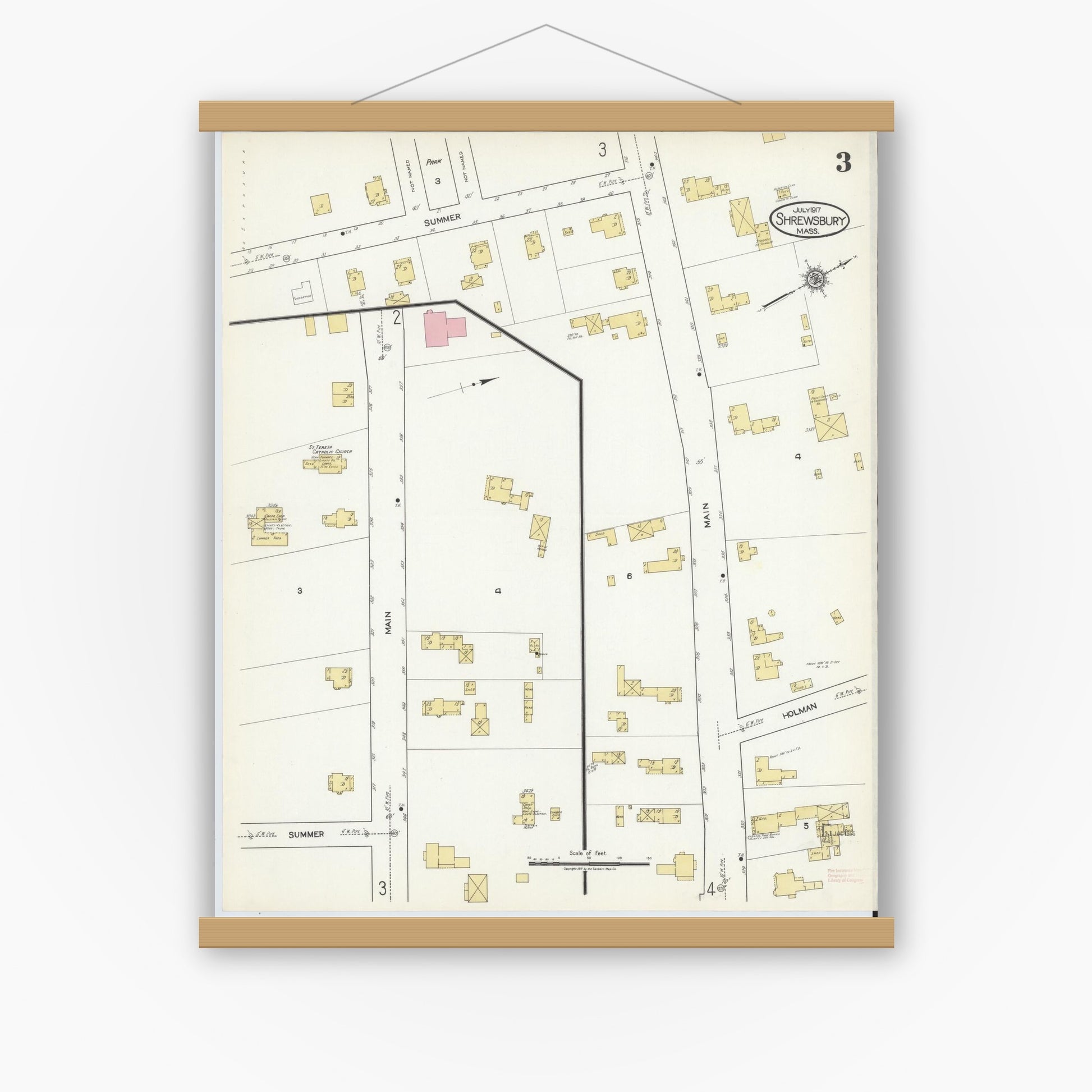 Old map wall art mockup — magnetic wood frame on white wall — Sanborn Fire Insurance Map from Shrewsbury, Worcester County, Massachusetts (1917), Sheet #0003