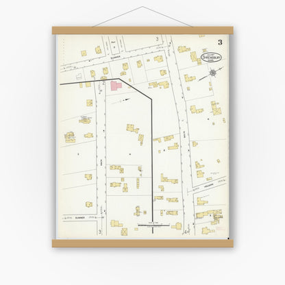 Old map wall art mockup — magnetic wood frame on white wall — Sanborn Fire Insurance Map from Shrewsbury, Worcester County, Massachusetts (1917), Sheet #0003